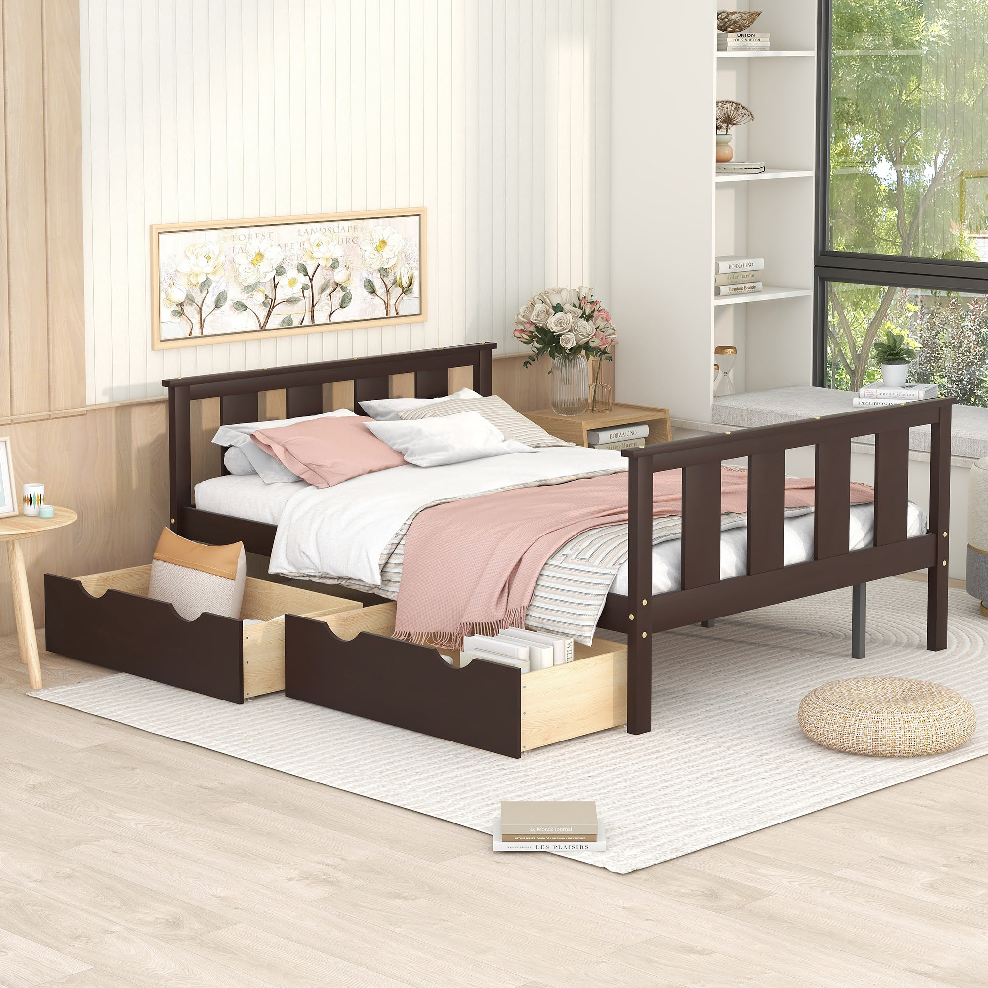 Wood Full Size Platform Bed With Storage Drawers