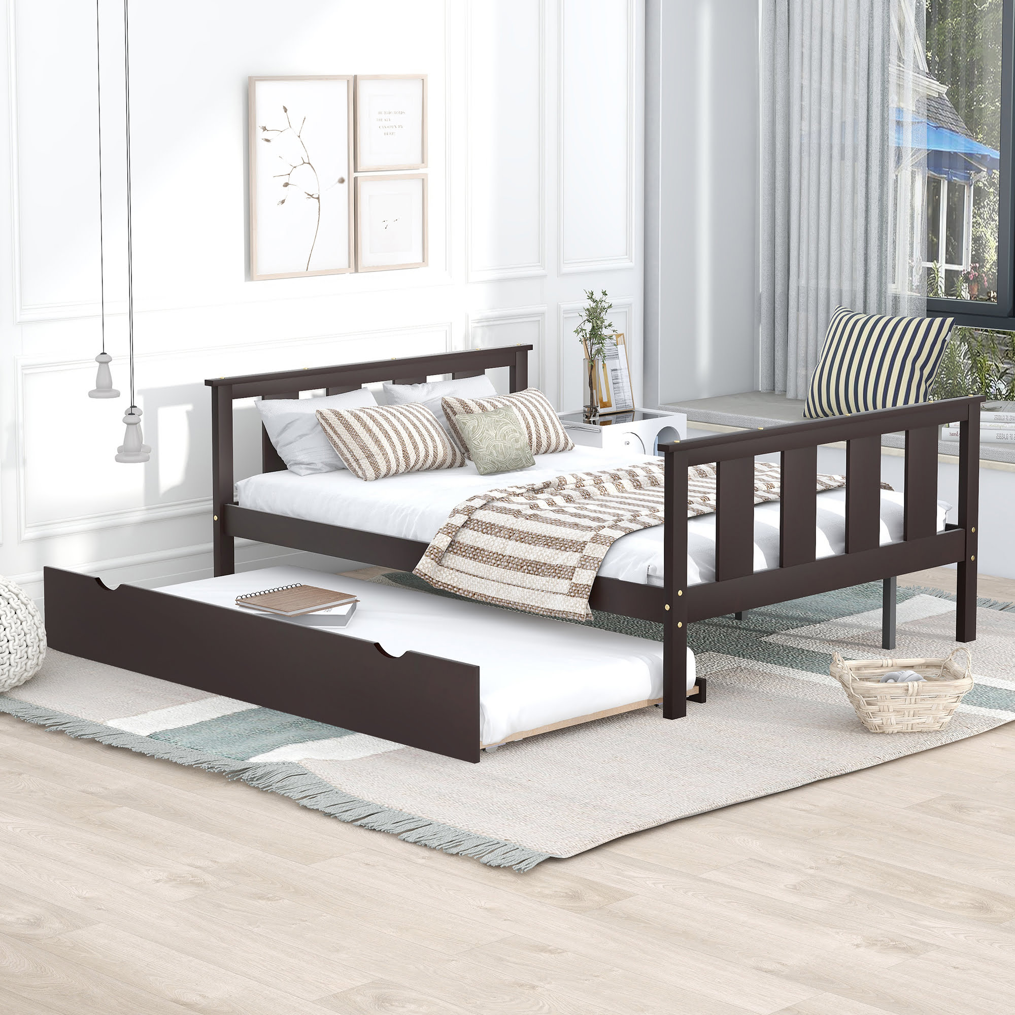 Wood Full Platform Bed With Pull Out Trundle