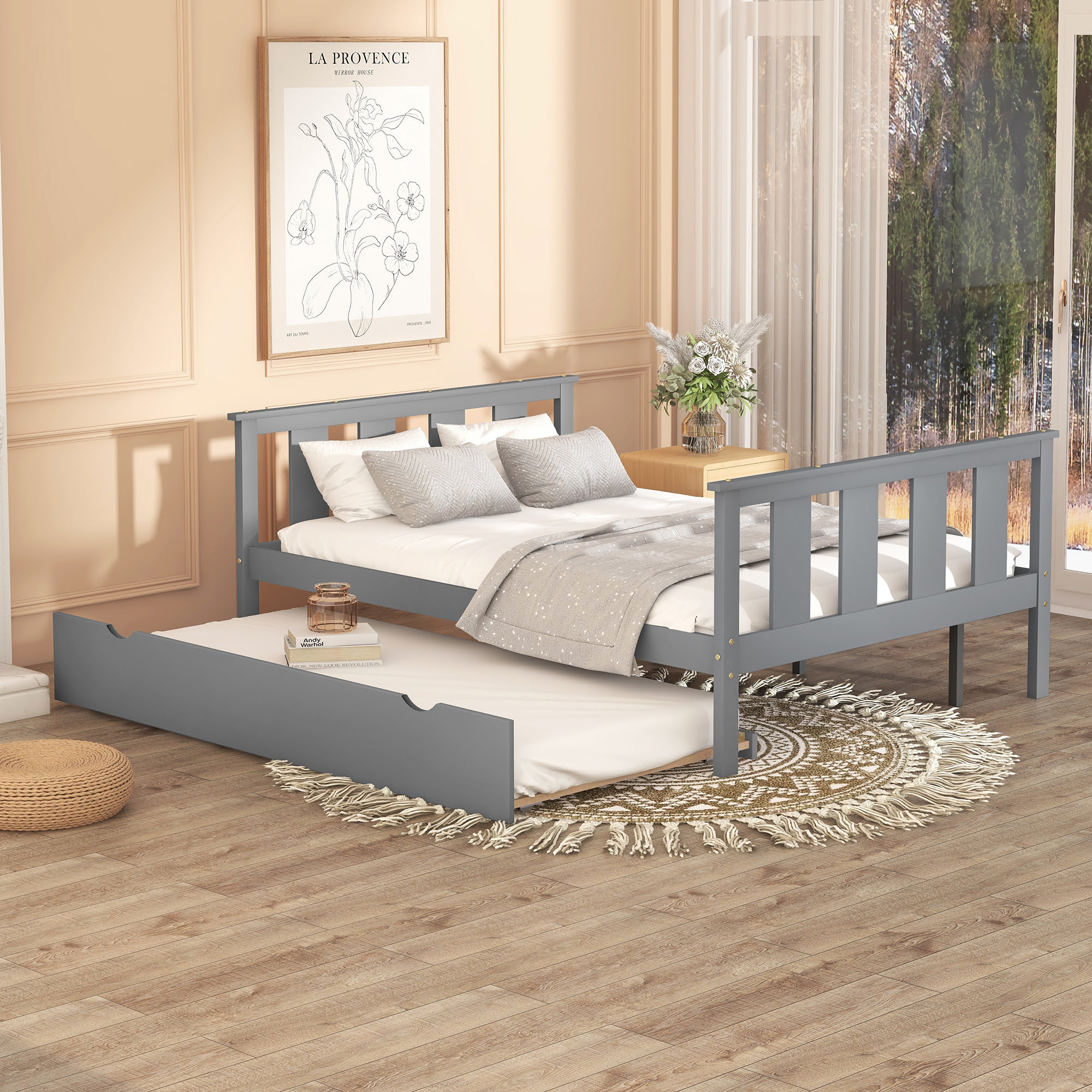 Wood Full Platform Bed With Pull Out Trundle