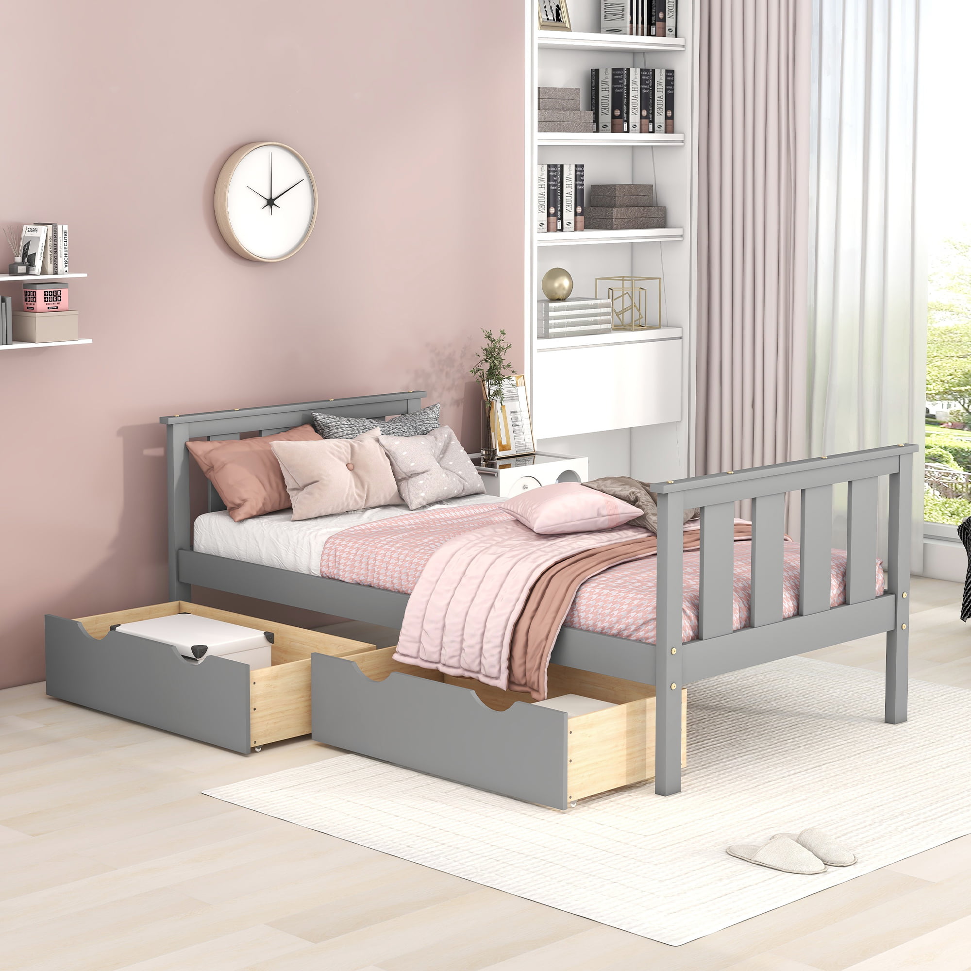 Wood Twin Size Platform Bed With Storage Drawers