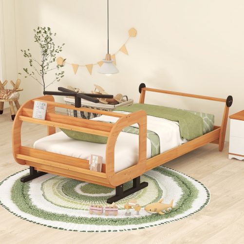 Airplane Shaped Twin Size Platform Bed With Rotatable Propeller And Shelves