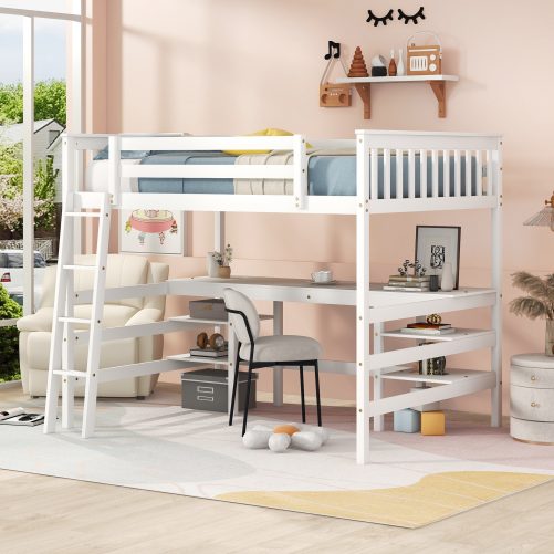 Wooden Full Size Loft Bed With Desk And Shelves