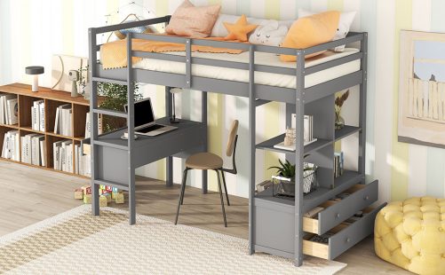 Twin Size Loft Bed With Built-in Desk, Two Drawers And Storage Shelves