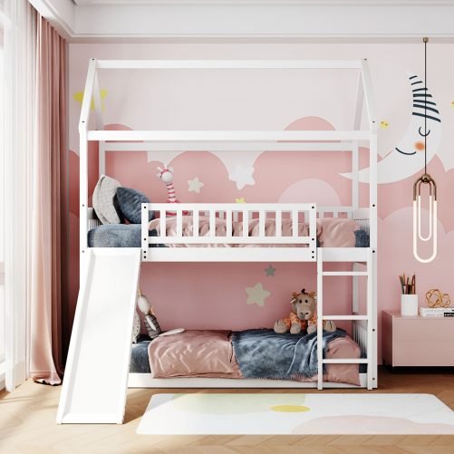 House Shaped Low Twin Over Twin Bunk Bed With Slide