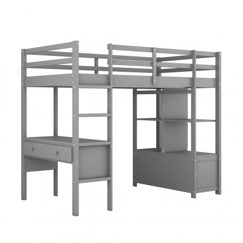 Twin Size Loft Bed With Built-in Desk, Two Drawers And Storage Shelves