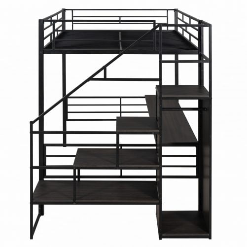 Full Size Metal Loft Bed with Desk, Storage Staircase and Wardrobe