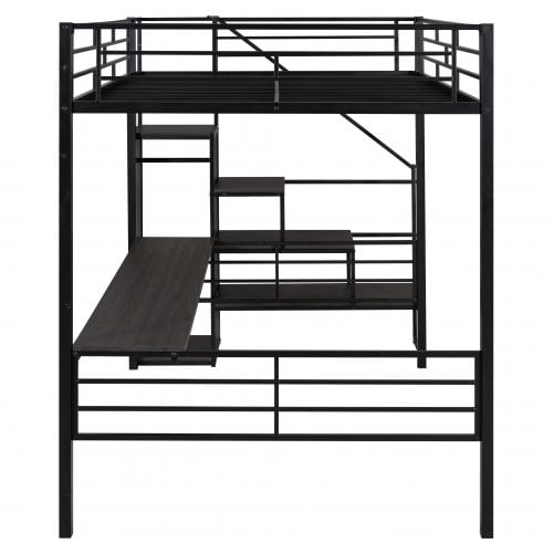 Full Size Metal Loft Bed with Desk, Storage Staircase and Wardrobe