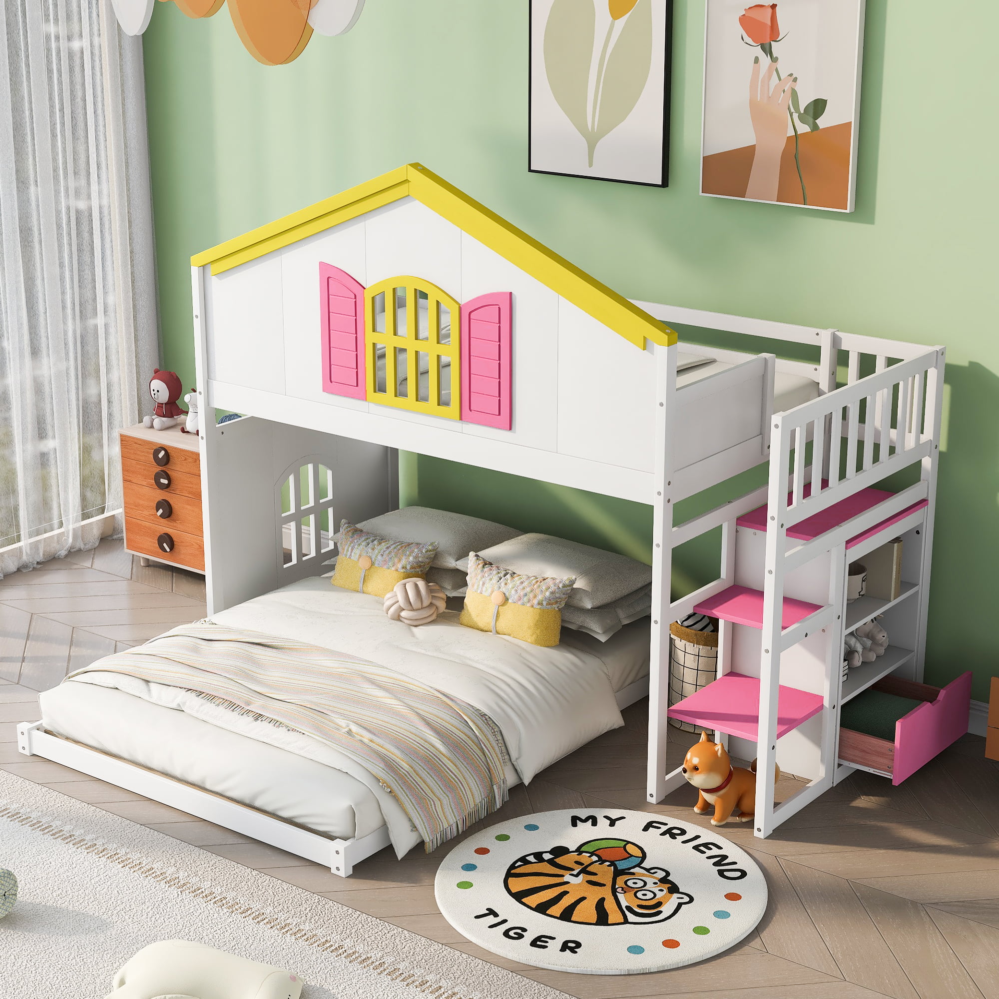 House-Shaped Twin Over Full Bunk Bed With Pink Staircase, Drawer, and Windows