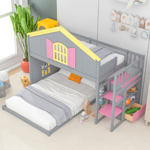 House-Shaped Twin Over Full Bunk Bed With Pink Staircase, Drawer, and Windows