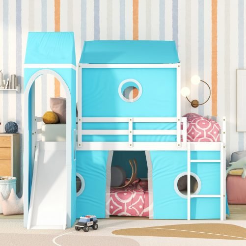 Full Size Bunk Bed With Slide, Tent And Tower