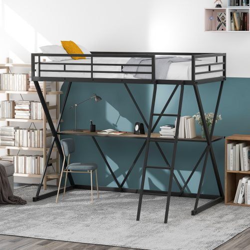 Twin Size Loft Bed With Desk, Ladder And Full-length Guardrails, X-Shaped Frame
