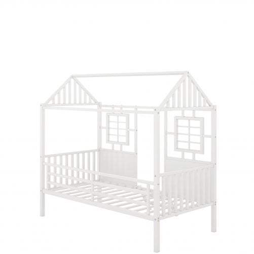 Twin Size Metal Low Loft House Bed With Roof And Two Front Windows
