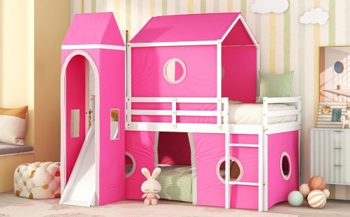 Twin Size Bunk Bed With Slide, Tent And Tower