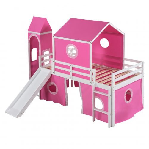Twin Size Bunk Bed With Slide, Tent And Tower