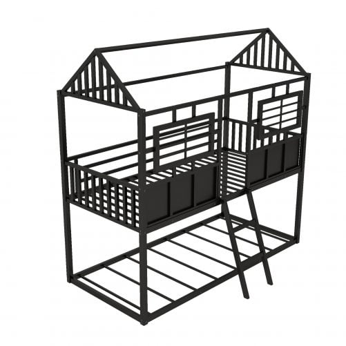 Metal Twin Over Twin Low Bunk Beds With Roof And Fence-Shaped Guardrail
