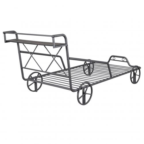 Twin Size Metal Car Bed with Four Wheels, Guardrails and X-Shaped Frame Shelf