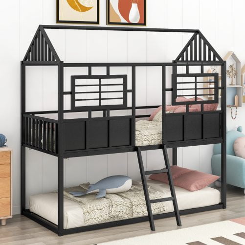 Metal Twin Over Twin Low Bunk Beds With Roof And Fence-Shaped Guardrail
