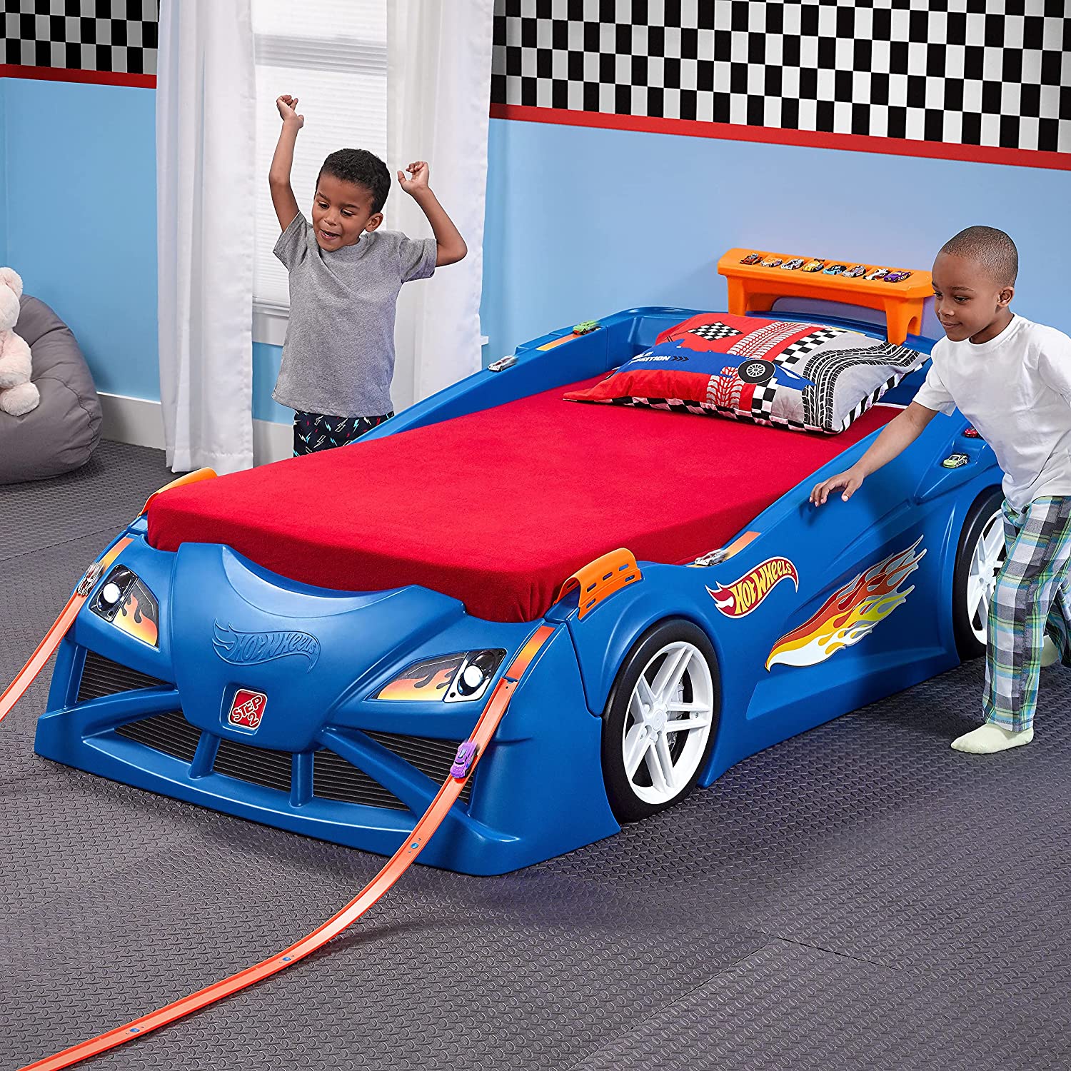 Step2 733538854691 Hot Wheels Toddler to Twin Bed with Lights Vehicle, Blue, Red, Orange