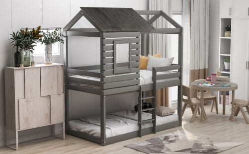 Wood Twin Over Twin Bunk Bed With Roof, Window, Guardrail, and Ladder