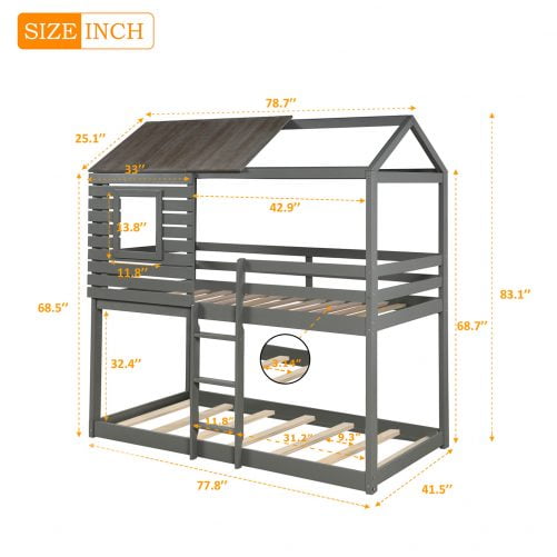 Wood Twin Over Twin Bunk Bed With Roof, Window, Guardrail, and Ladder