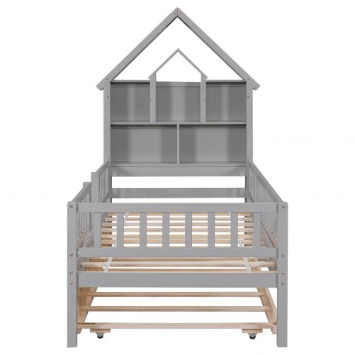 Twin Size House-Shaped Headboard With Fence Guardrails And Trundle