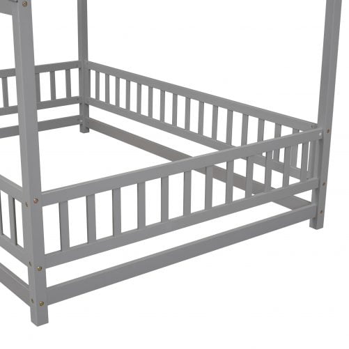 Full Size Floor Daybed With House Roof Frame, Fence Guardrails