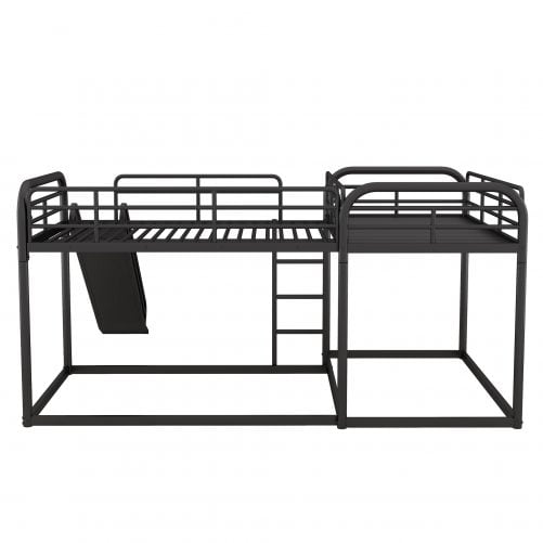 Metal Full And Twin Size L-Shaped Bunk Bed With Slide And Short Ladder