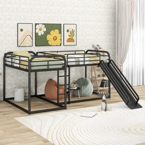 Metal Full And Twin Size L-Shaped Bunk Bed With Slide And Short Ladder