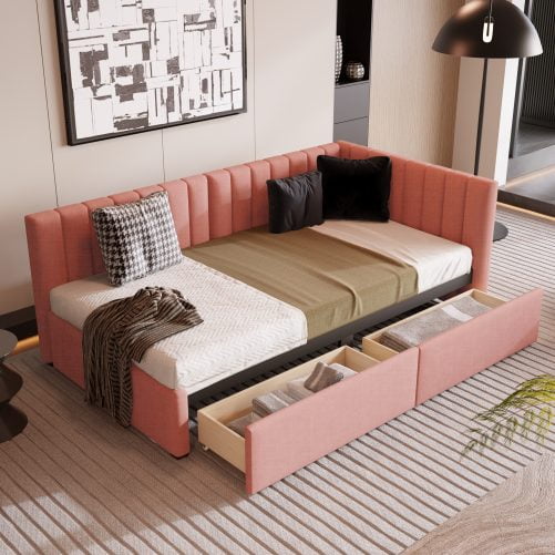 Upholstered Twin Size Daybed With 2 Storage Drawers