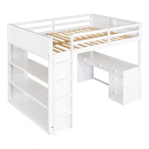Full Size Loft Bed With Ladder, Shelves, And Desk