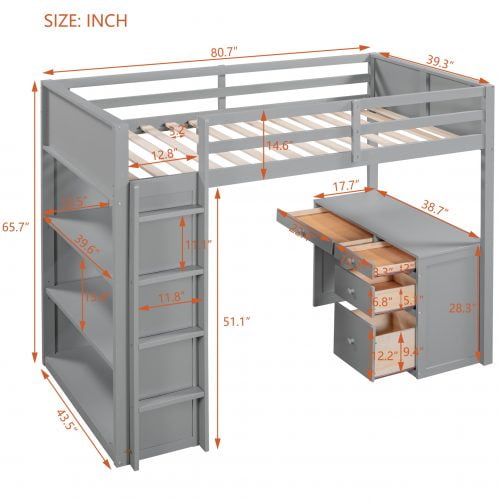 Twin Size Loft Bed With Ladder, Shelves, And Desk