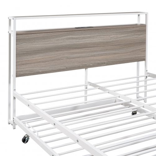 Metal Full Size Platform Bed Frame With Trundle, USB Ports And Slat Support