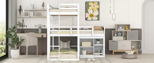 L-Shaped Wood Triple Twin Size Bunk Bed With Storage Cabinet, Blackboard, And Ladder