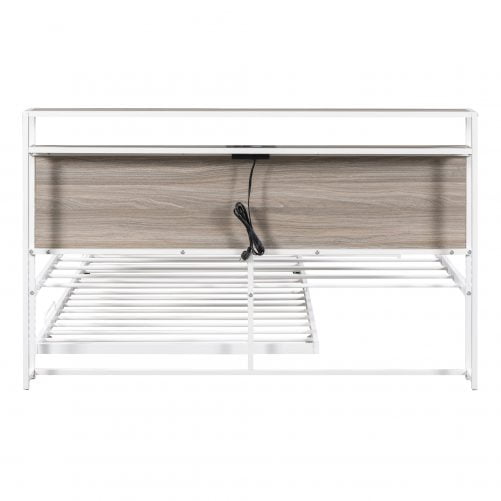 Metal Queen Size Platform Bed Frame With Trundle, USB Ports And Slat Support