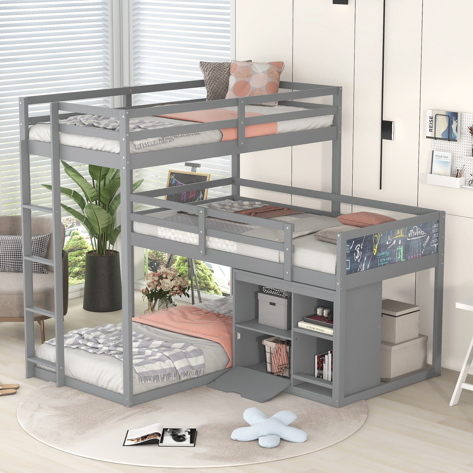 L-Shaped Wood Triple Twin Size Bunk Bed With Storage Cabinet, Blackboard, And Ladder