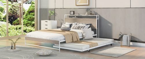 Metal Queen Size Platform Bed Frame With Trundle, USB Ports And Slat Support