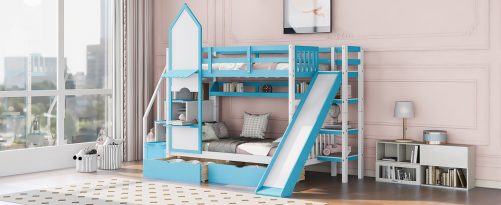 Castle Style Twin over Twin Bunk Bed With 2 Drawers 3 Shelves And Slide