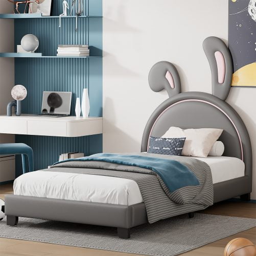 Bunny Ears Twin Size Upholstered Leather Platform Bed