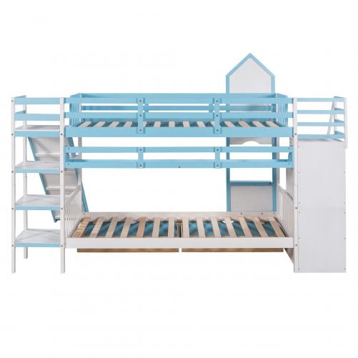 Castle Style Twin over Twin Bunk Bed With 2 Drawers 3 Shelves And Slide
