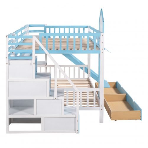 Castle Style Full over Full Bunk Bed With 2 Drawers 3 Shelves And Slide