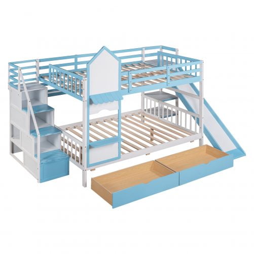 Castle Style Full over Full Bunk Bed With 2 Drawers 3 Shelves And Slide