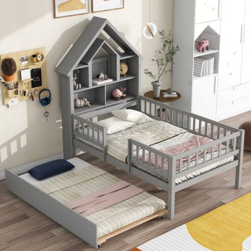 Twin Size House-Shaped Headboard With Fence Guardrails And Trundle
