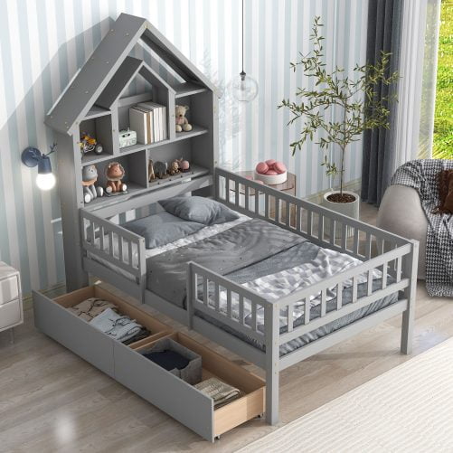 Twin Size House-Shaped Headboard Bed With Fence Guardrails And Drawers
