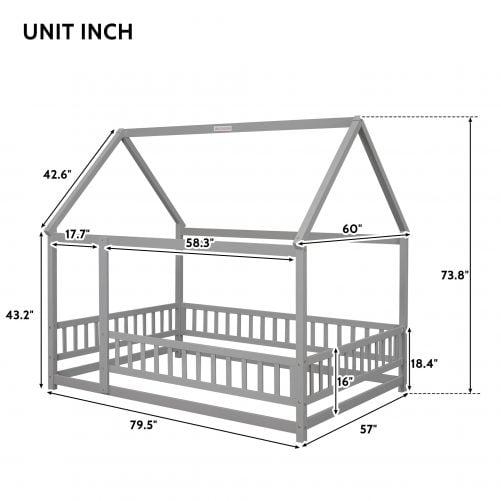 Full Size Floor Daybed With House Roof Frame, Fence Guardrails