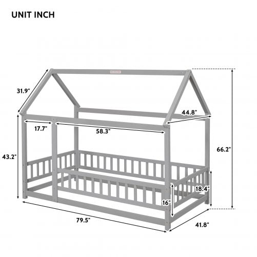 Twin Size Floor Daybed With House Roof Frame, Fence Guardrails