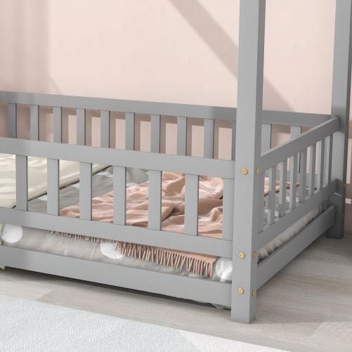 Twin Size Floor Daybed With House Roof Frame, Fence Guardrails