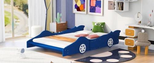 Race Car Shaped Full Size Platform Bed With Four Wheels