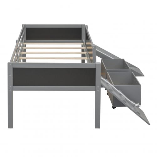 Wood Twin Size Loft Bed With Two Storage Boxes
