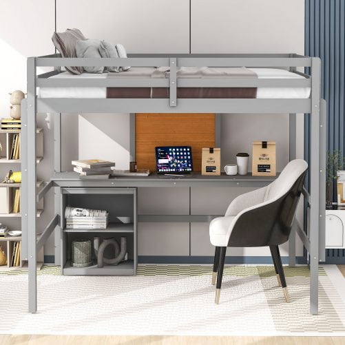 Wooden Full Size Loft Bed With Desk, Writing Board and Cabinet