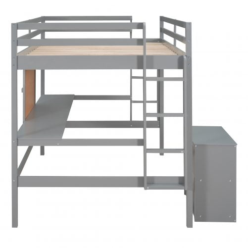 Wooden Full Size Loft Bed With Desk, Writing Board and Cabinet